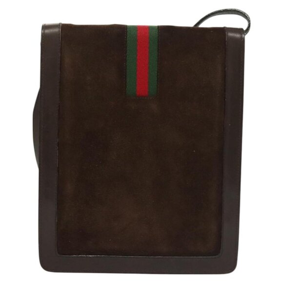 GUCCI GG Canvas Web Sherry Line Bag Suede Leather Dark Brown gold Auth - Picture 3 of 16